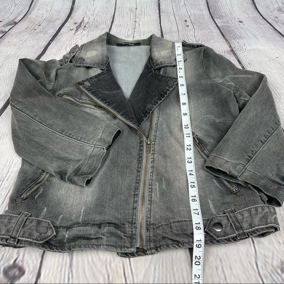 DOMINO women's black grey denim distressed moto jean jacket 3/4 sleeves, size M - Picture 6 of 13